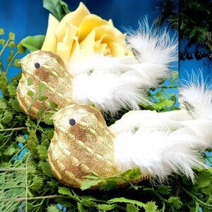 Gold Glitter Clip-on Bird Ornaments with White Feather Tails Victorian Christmas